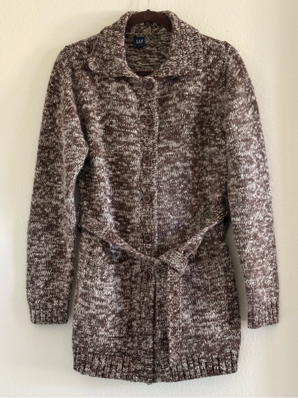 VINTAGE GAP Marled Brown 100% Wool Belted Cardigan Sweater | Size